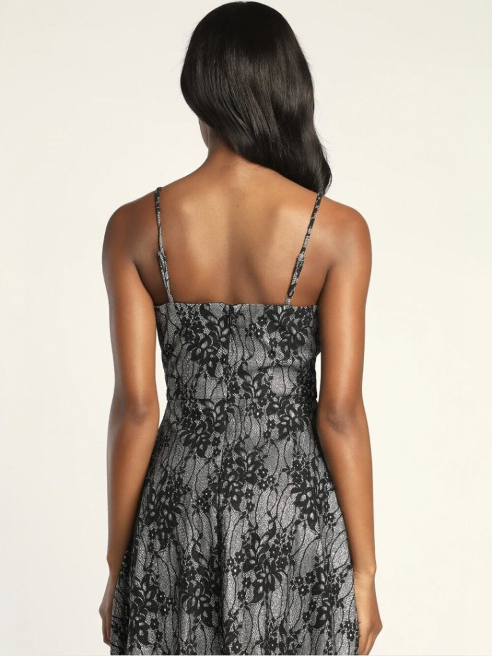 Lulus Sparkle Sensation Silver and Black Lace Skater Mini Dress NWT - Picture 3 of 9